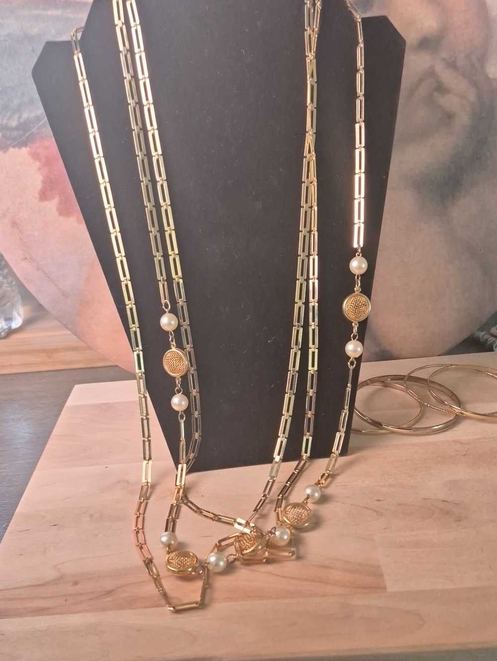 Gold Tone Multi-Strand Necklace with Pearl Accents